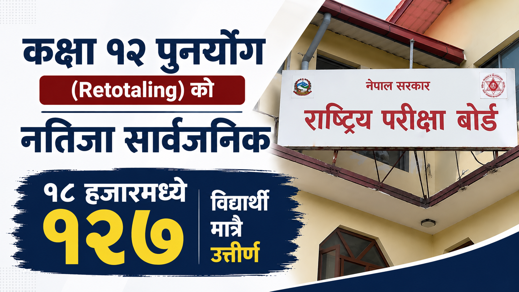 कक्षा १२ पुनर्योग (Retotaling) को नतिजा सार्वजनिक : १८ हजारमध्ये १२७ विद्यार्थी मात्रै उत्तीर्ण